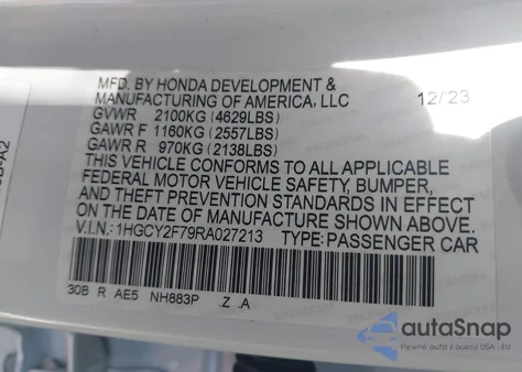 2024 Honda Accord Hybrid Sport-L из США, поврежденный, VIN 1HGCY2F79RA027213